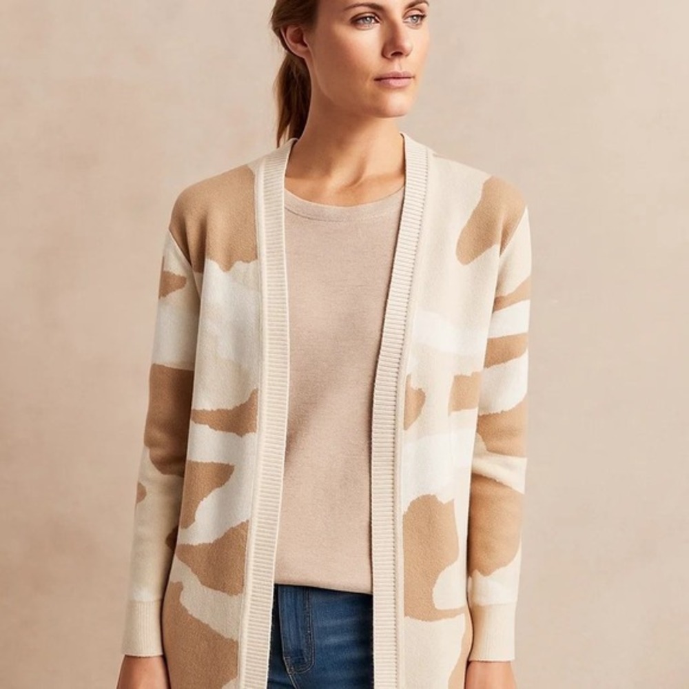Anthropologie Moth Tan‎ Cream Cardigan Sweater XS Abstract Camo Cozy Boho Artsy